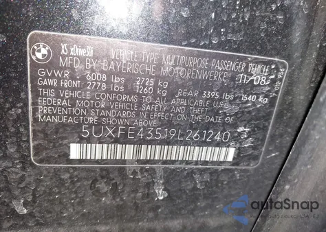 2009 BMW X5 xDrive30I z USA, uszkodzony, nr VIN 5UXFE43519L261240